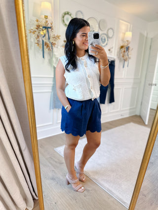 Let Freedom Ring Navy Scallop Hem Linen Shorts