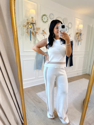 Magnolia Ivory & Taupe Back Tie Sleeveless Sweater Top & Wide Leg Pants Set