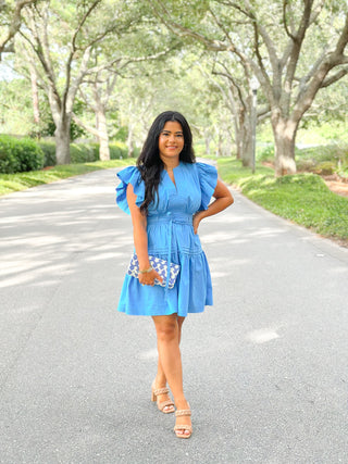 Lowcountry Blue Flutter Sleeve Poplin Mini Dress