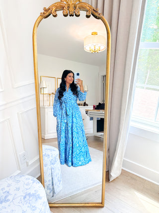Magnolia Manor Blue and White Block Print Maxi Dress