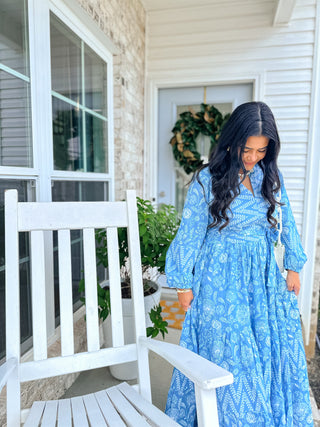 Magnolia Manor Blue and White Block Print Maxi Dress