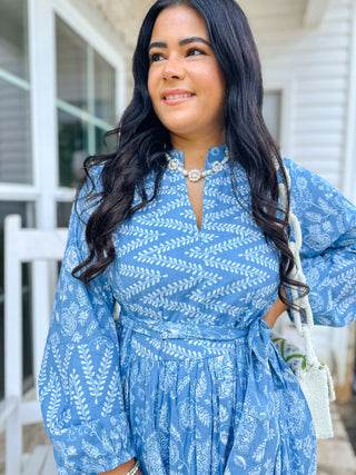 Magnolia Manor Blue and White Block Print Maxi Dress