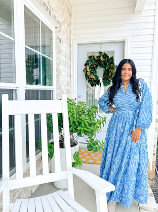 Magnolia Manor Blue and White Block Print Maxi Dress