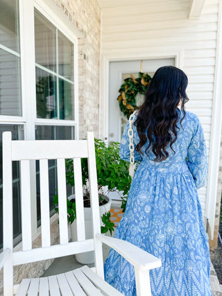 Magnolia Manor Blue and White Block Print Maxi Dress
