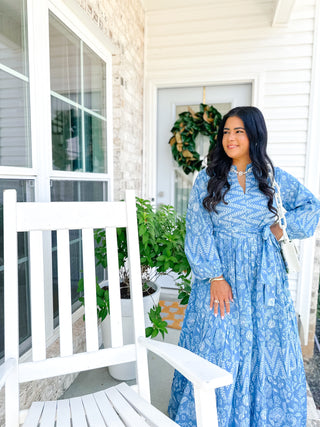 Magnolia Manor Blue and White Block Print Maxi Dress