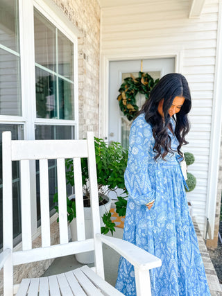 Magnolia Manor Blue and White Block Print Maxi Dress
