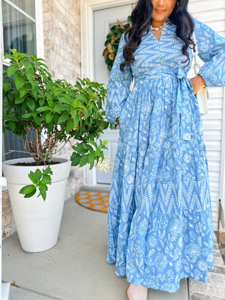 Magnolia Manor Blue and White Block Print Maxi Dress