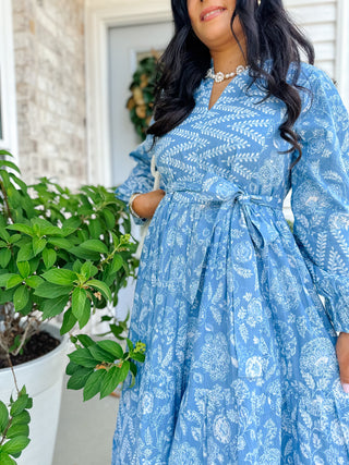 Magnolia Manor Blue and White Block Print Maxi Dress