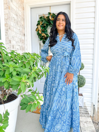 Magnolia Manor Blue and White Block Print Maxi Dress