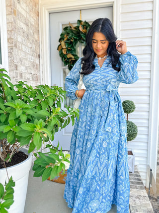 Magnolia Manor Blue and White Block Print Maxi Dress