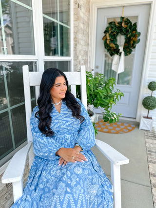 Magnolia Manor Blue and White Block Print Maxi Dress