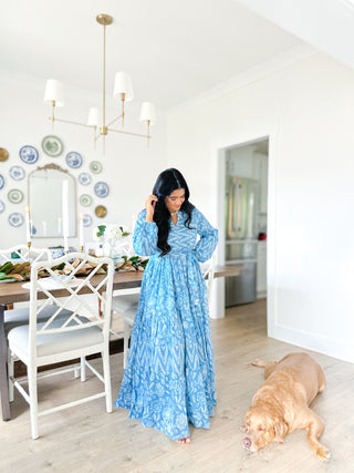 Magnolia Manor Blue and White Block Print Maxi Dress