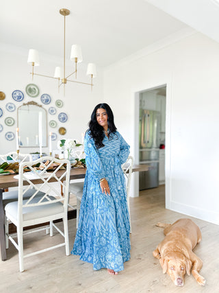 Magnolia Manor Blue and White Block Print Maxi Dress