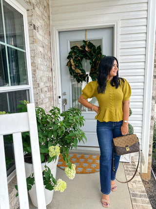 Chartreuse Charm Sweater Flared Puff Sleeve Knit Top - Magnolia & Pine