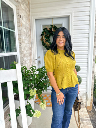 Chartreuse Charm Sweater Flared Puff Sleeve Knit Top - Magnolia & Pine