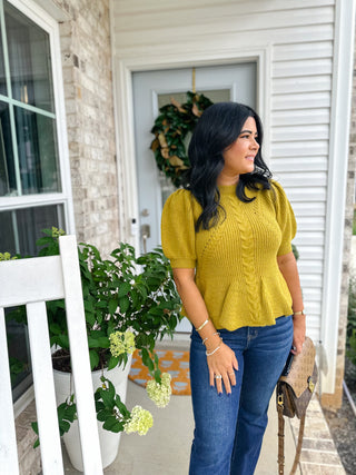 Chartreuse Charm Sweater Flared Puff Sleeve Knit Top - Magnolia & Pine