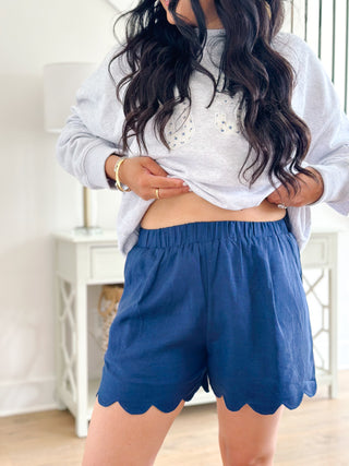 Let Freedom Ring Navy Scallop Hem Linen Shorts - Southern Roots & Boots