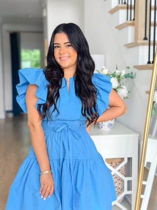 Lowcountry Blue Flutter Sleeve Poplin Mini Dress - Southern Roots & Boots