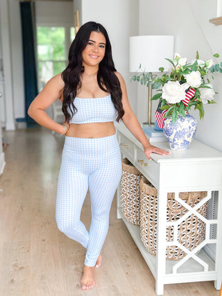 Sweet Carolina Set Blue Gingham Ruched Bra & Legging Set - Southern Roots & Boots