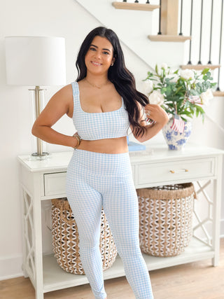 Sweet Carolina Set Blue Gingham Ruched Bra & Legging Set - Southern Roots & Boots