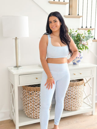Sweet Carolina Set Blue Gingham Ruched Bra & Legging Set - Southern Roots & Boots