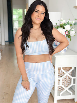 Sweet Carolina Set Blue Gingham Ruched Bra & Legging Set - Southern Roots & Boots