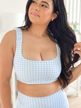 Sweet Carolina Set Blue Gingham Ruched Bra & Legging Set - Southern Roots & Boots
