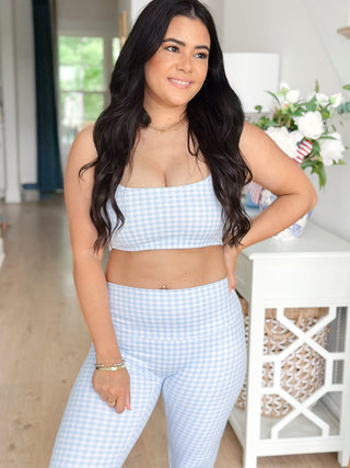 Sweet Carolina Set Blue Gingham Ruched Bra & Legging Set - Southern Roots & Boots